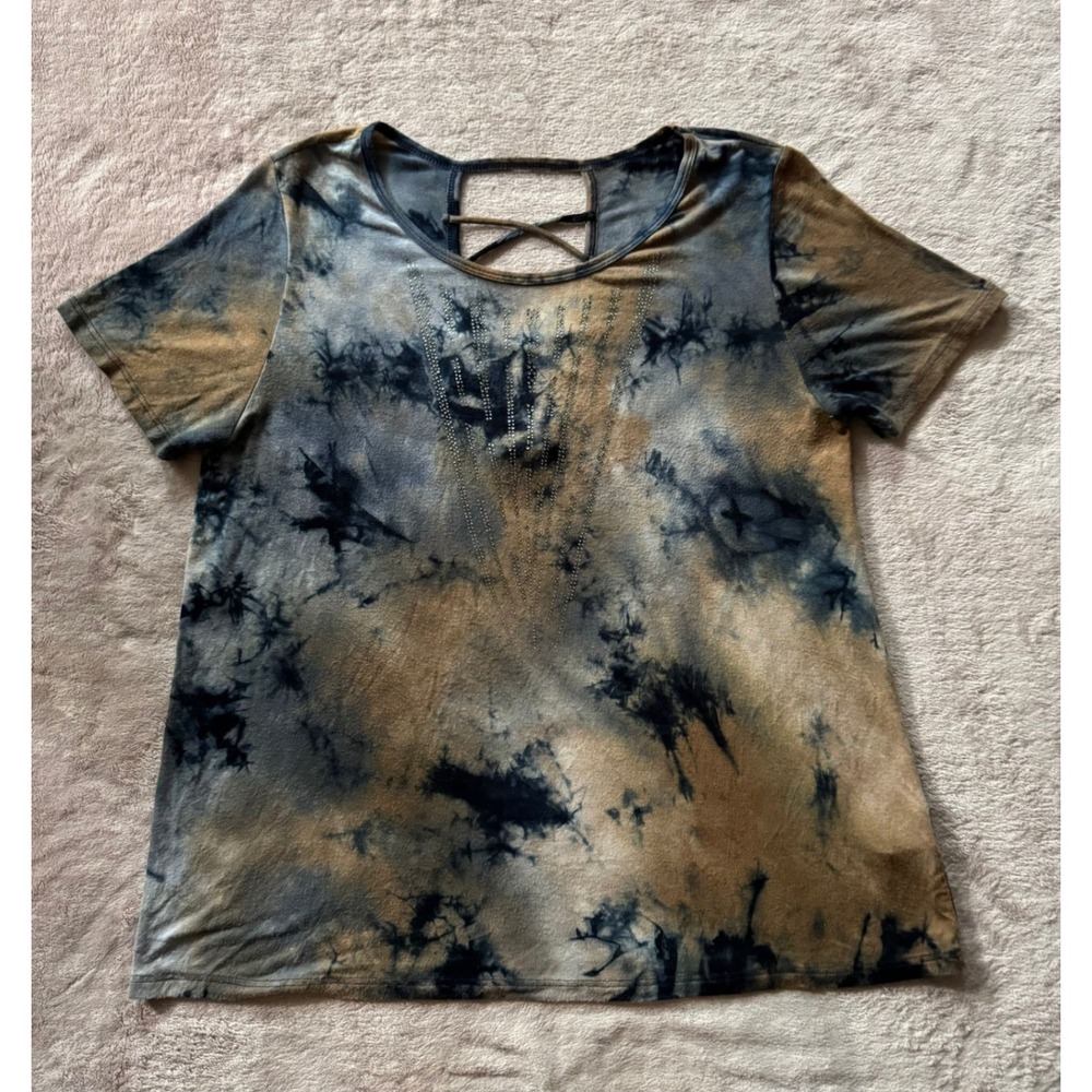 Vocal Tie Dye Rhinestone‎ Top Criss Cross Back Short Sleeve T-Shirt Size Large